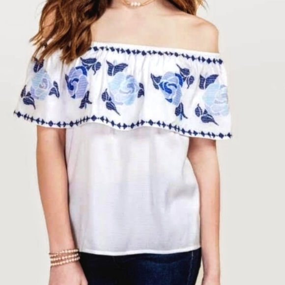 Blue Rain Tops - Embroidered Off-Shoulder Top with Blue Floral Detail